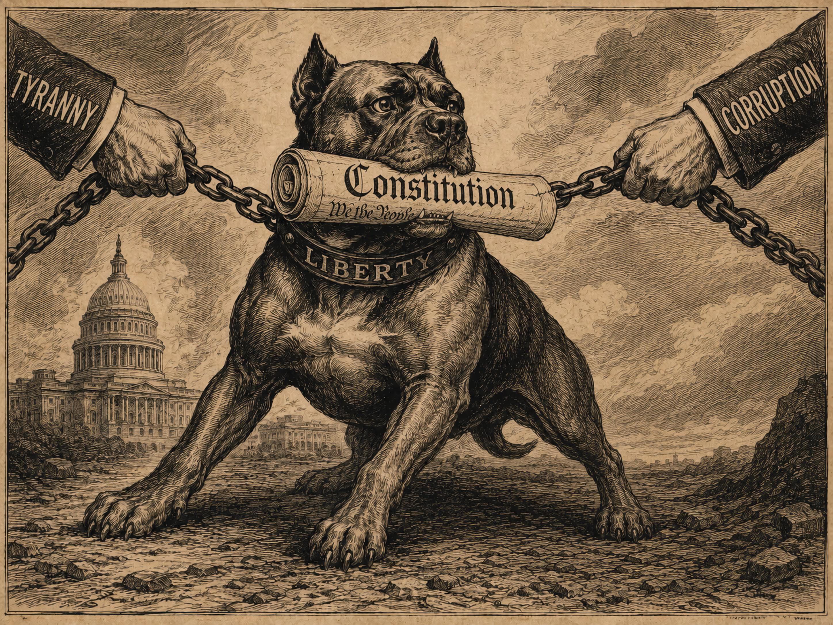 The dog of liberty defending the Constitution against tyranny and corruption.